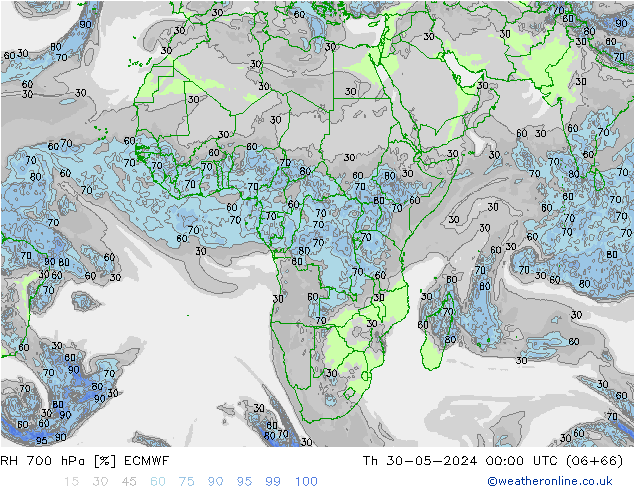 RH 700 hPa ECMWF czw. 30.05.2024 00 UTC