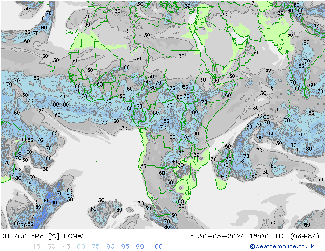 RH 700 hPa ECMWF Qui 30.05.2024 18 UTC