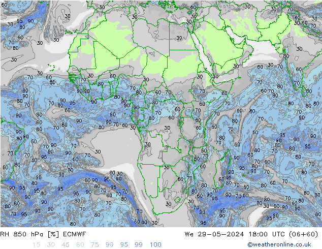 RH 850 гПа ECMWF ср 29.05.2024 18 UTC