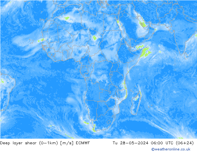 Deep layer shear (0-1km) ECMWF mar 28.05.2024 06 UTC