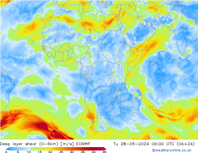 Deep layer shear (0-6km) ECMWF mar 28.05.2024 06 UTC