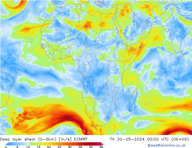 Deep layer shear (0-6km) ECMWF чт 30.05.2024 00 UTC