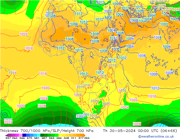 Dikte700-1000 hPa ECMWF do 30.05.2024 00 UTC