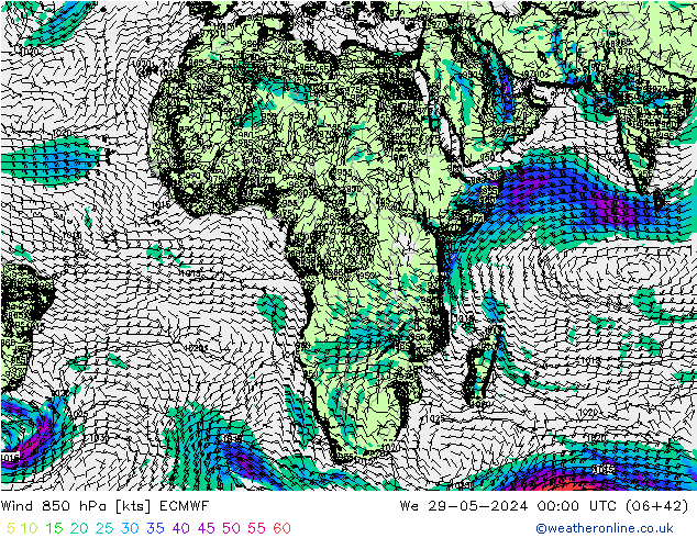 Vent 850 hPa ECMWF mer 29.05.2024 00 UTC