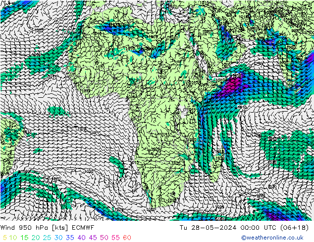 wiatr 950 hPa ECMWF wto. 28.05.2024 00 UTC