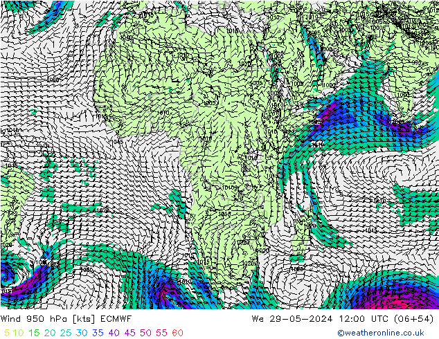 ветер 950 гПа ECMWF ср 29.05.2024 12 UTC