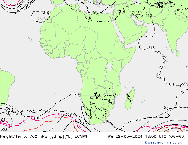 Height/Temp. 700 hPa ECMWF Qua 29.05.2024 18 UTC