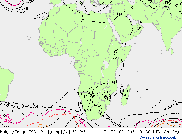 Hoogte/Temp. 700 hPa ECMWF do 30.05.2024 00 UTC