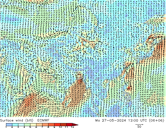 Viento 10 m (bft) ECMWF lun 27.05.2024 12 UTC