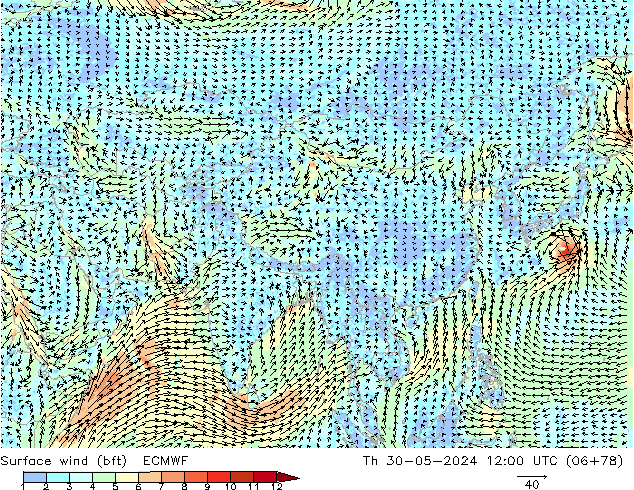 Vento 10 m (bft) ECMWF Qui 30.05.2024 12 UTC