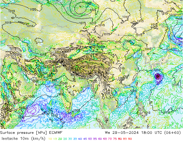 Isotachs (kph) ECMWF We 29.05.2024 18 UTC