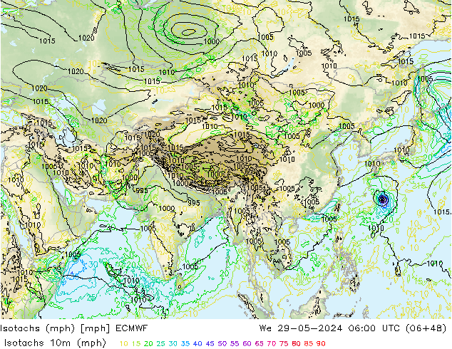 Isotachs (mph) ECMWF ср 29.05.2024 06 UTC