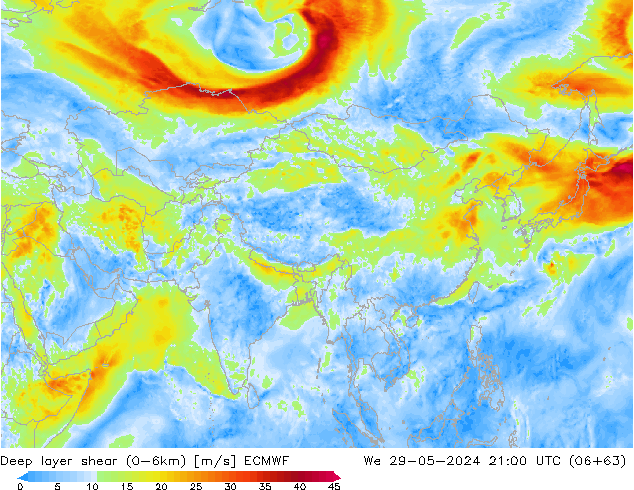 Deep layer shear (0-6km) ECMWF We 29.05.2024 21 UTC