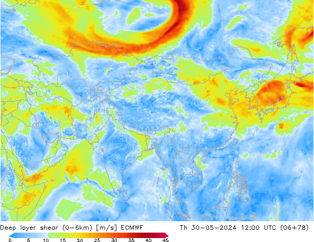 Deep layer shear (0-6km) ECMWF Qui 30.05.2024 12 UTC