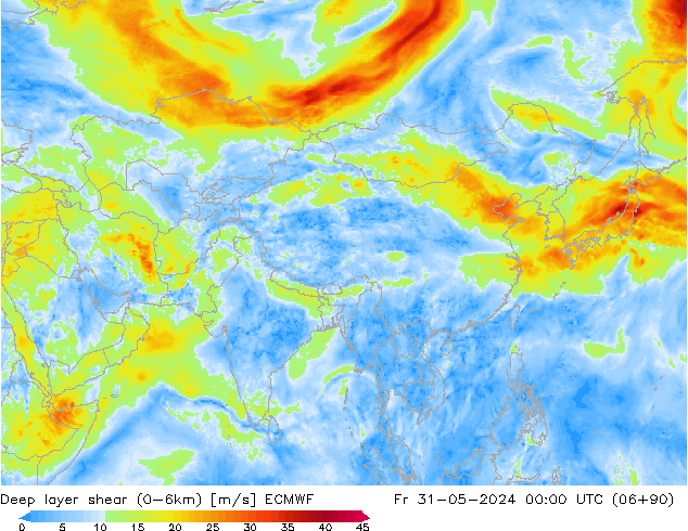 Deep layer shear (0-6km) ECMWF ven 31.05.2024 00 UTC