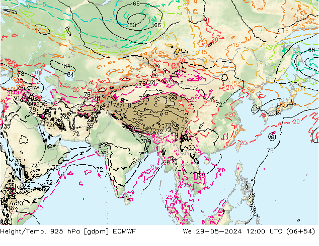 Height/Temp. 925 hPa ECMWF Mi 29.05.2024 12 UTC