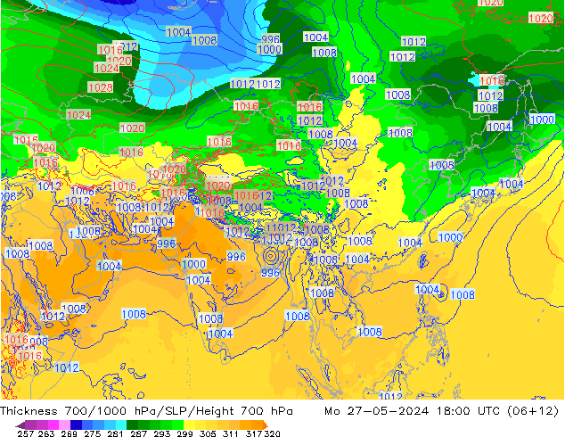 Thck 700-1000 гПа ECMWF пн 27.05.2024 18 UTC