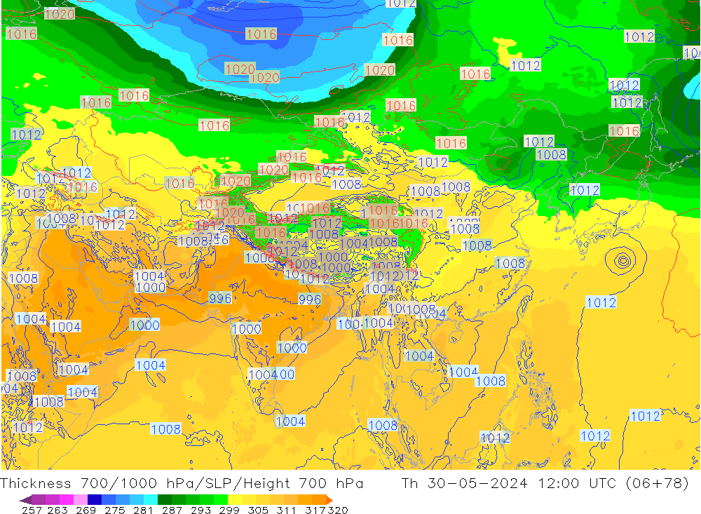 Thck 700-1000 hPa ECMWF Qui 30.05.2024 12 UTC