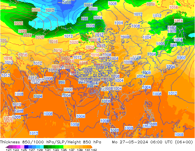 Dikte 850-1000 hPa ECMWF ma 27.05.2024 06 UTC