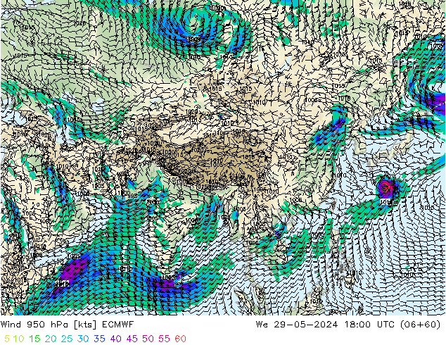 Wind 950 hPa ECMWF We 29.05.2024 18 UTC