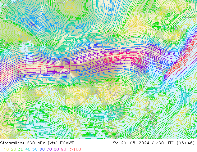 Streamlines 200 hPa ECMWF We 29.05.2024 06 UTC