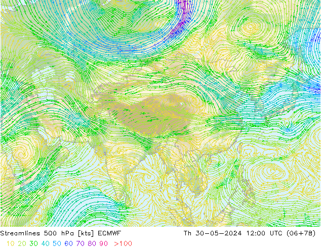 Streamlines 500 hPa ECMWF Čt 30.05.2024 12 UTC