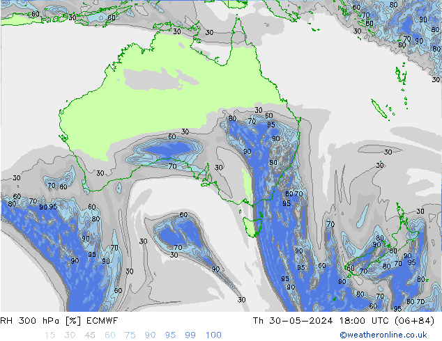 RH 300 hPa ECMWF Qui 30.05.2024 18 UTC