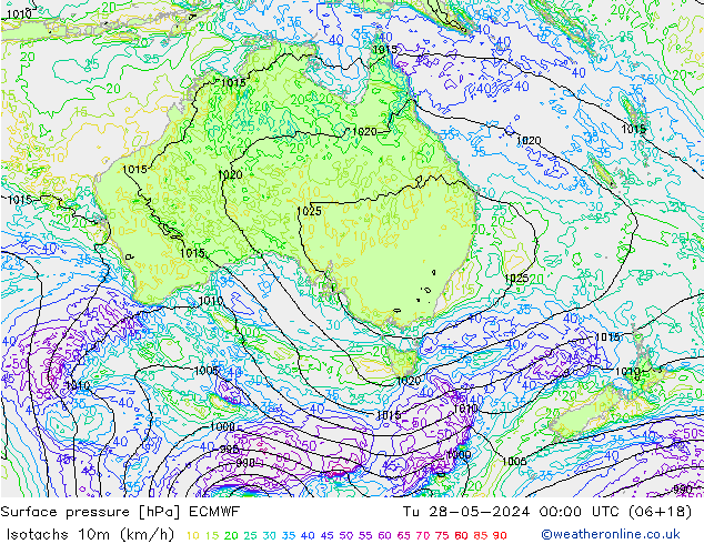 Isotachs (kph) ECMWF Tu 28.05.2024 00 UTC