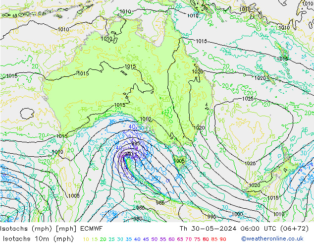 Isotachs (mph) ECMWF Qui 30.05.2024 06 UTC