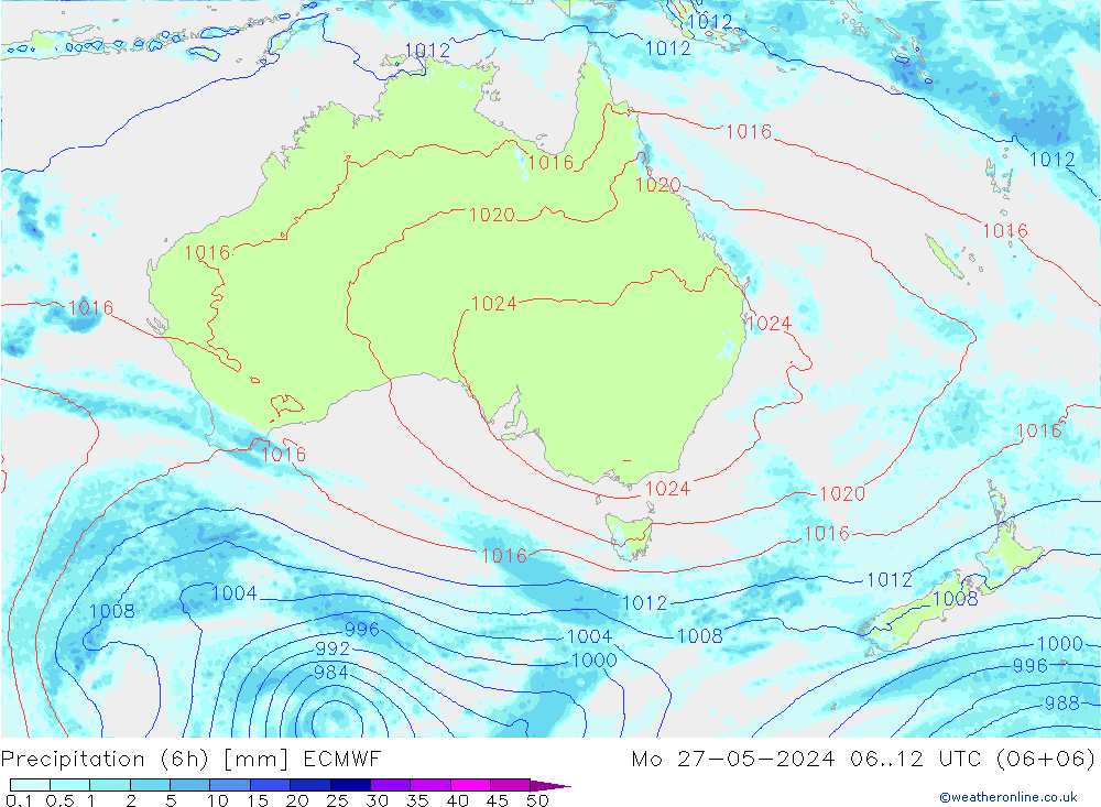 Neerslag 6h/Wind 10m/950 ECMWF ma 27.05.2024 12 UTC