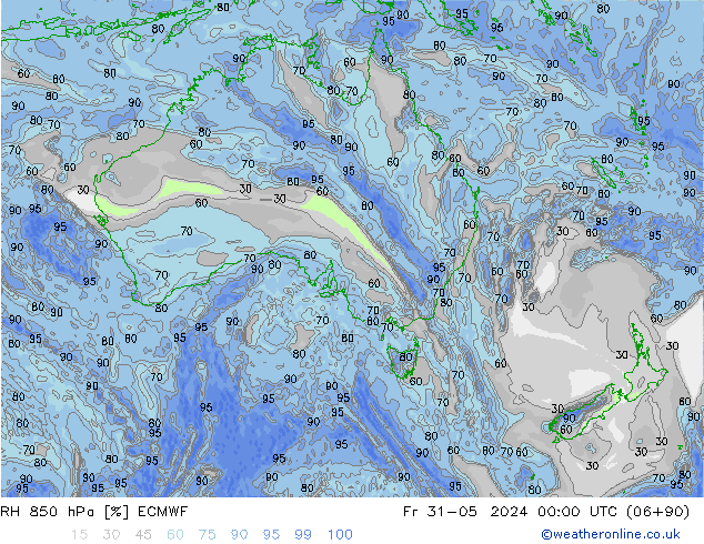 Humedad rel. 850hPa ECMWF vie 31.05.2024 00 UTC