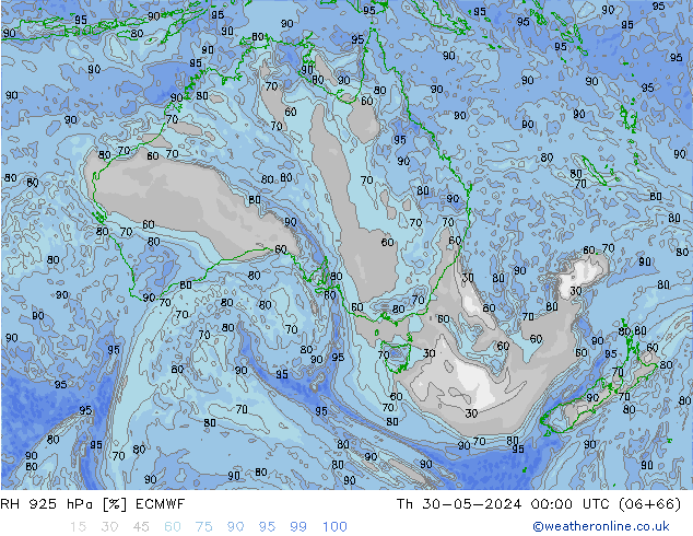 RH 925 hPa ECMWF czw. 30.05.2024 00 UTC