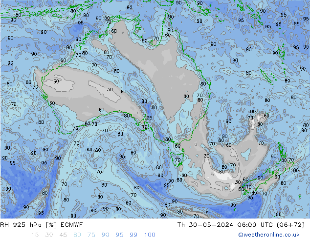 RH 925 hPa ECMWF Qui 30.05.2024 06 UTC