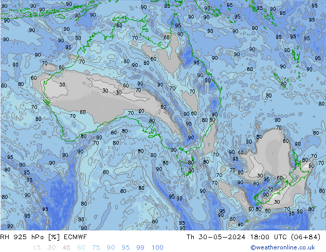 RH 925 hPa ECMWF Qui 30.05.2024 18 UTC