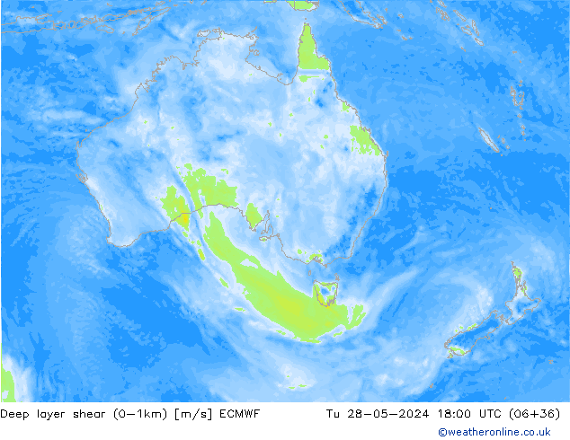 Deep layer shear (0-1km) ECMWF di 28.05.2024 18 UTC