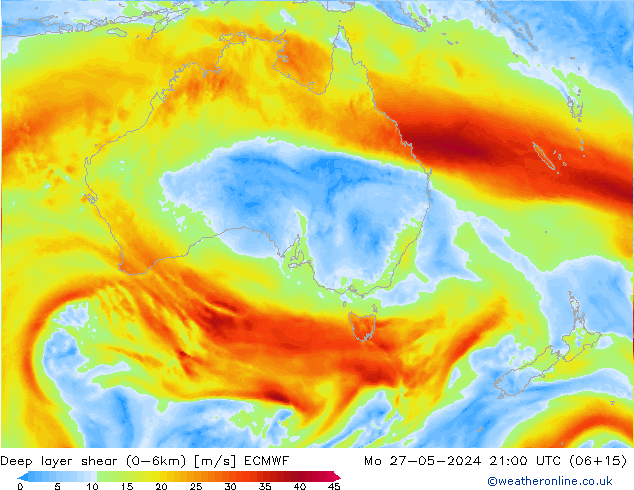 Deep layer shear (0-6km) ECMWF Mo 27.05.2024 21 UTC