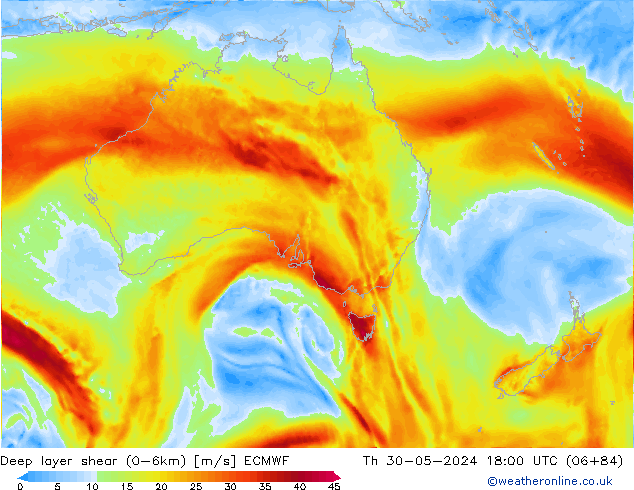 Deep layer shear (0-6km) ECMWF gio 30.05.2024 18 UTC