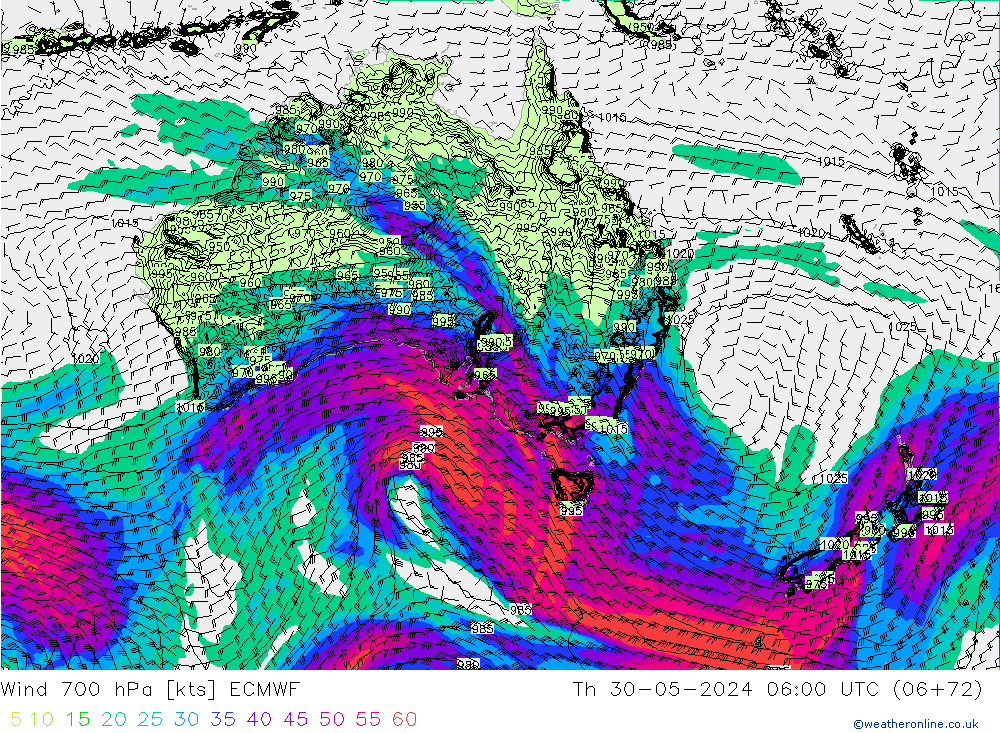 Wind 700 hPa ECMWF Čt 30.05.2024 06 UTC