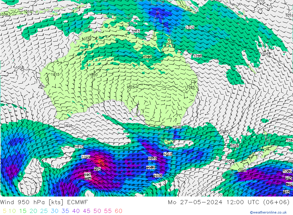 Neerslag 6h/Wind 10m/950 ECMWF ma 27.05.2024 12 UTC