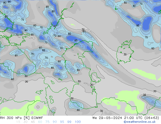 RH 300 hPa ECMWF mer 29.05.2024 21 UTC