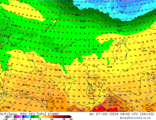 SLP/Temp. 850 hPa ECMWF Mo 27.05.2024 09 UTC