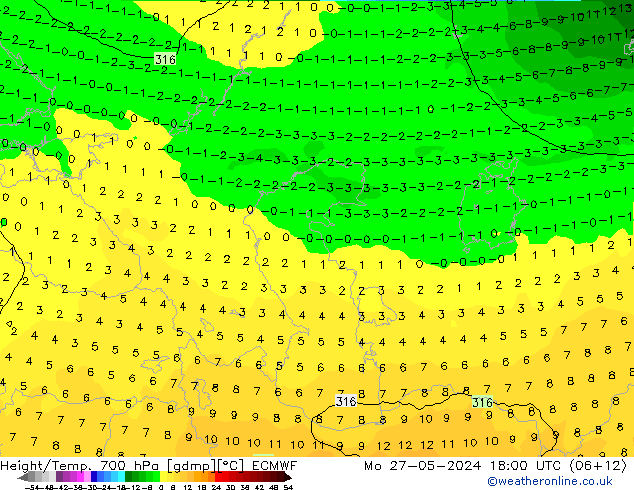 Height/Temp. 700 hPa ECMWF pon. 27.05.2024 18 UTC