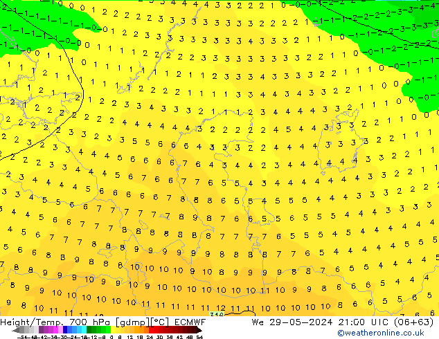 Height/Temp. 700 hPa ECMWF mer 29.05.2024 21 UTC