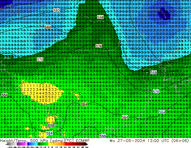 Z500/Rain (+SLP)/Z850 ECMWF lun 27.05.2024 12 UTC