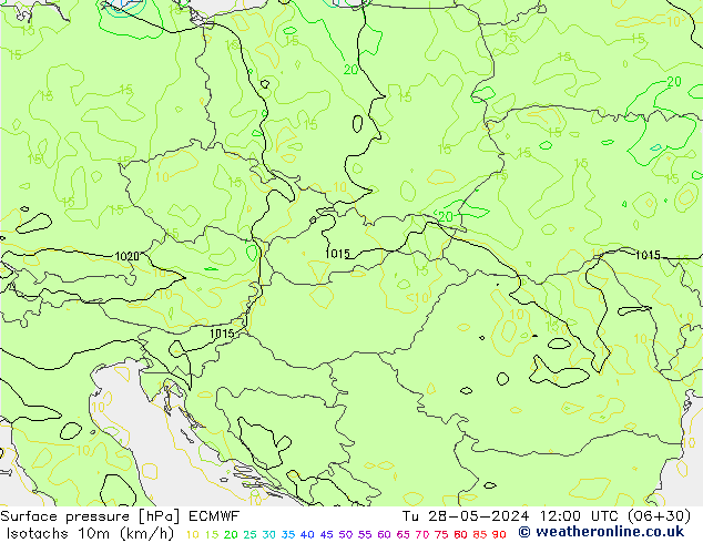 Isotachs (kph) ECMWF Tu 28.05.2024 12 UTC