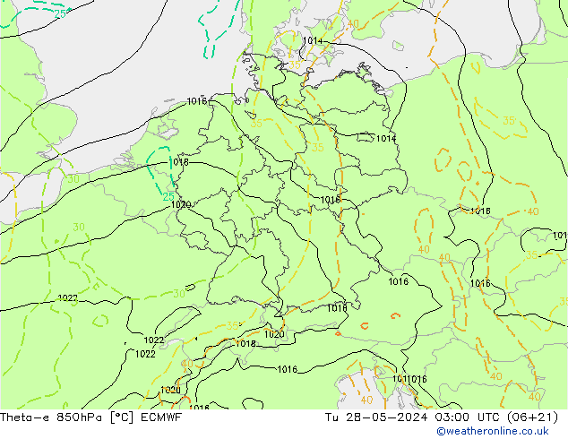 Theta-e 850hPa ECMWF Tu 28.05.2024 03 UTC