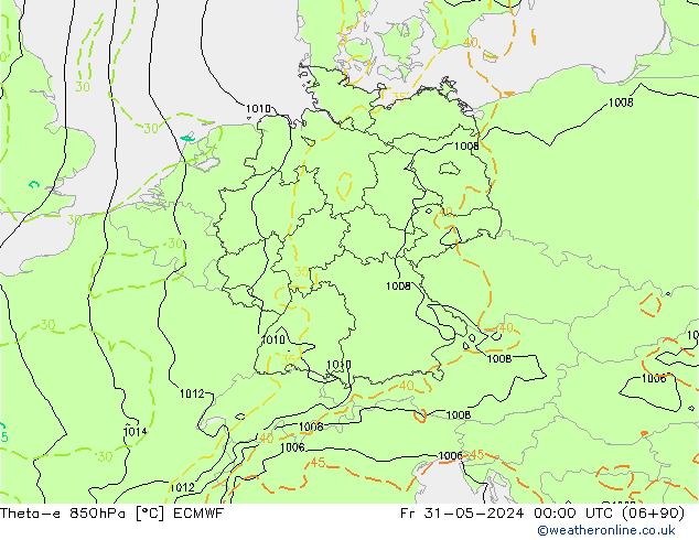 Theta-e 850hPa ECMWF Pá 31.05.2024 00 UTC