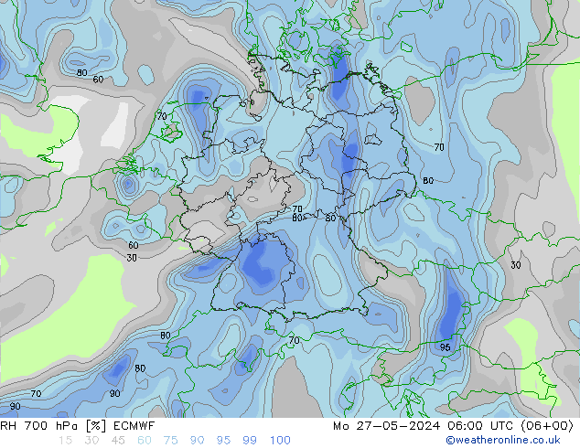 Humedad rel. 700hPa ECMWF lun 27.05.2024 06 UTC