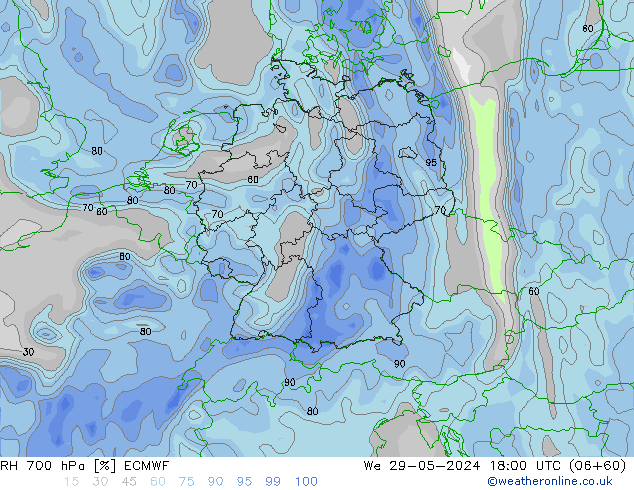 RH 700 hPa ECMWF Qua 29.05.2024 18 UTC