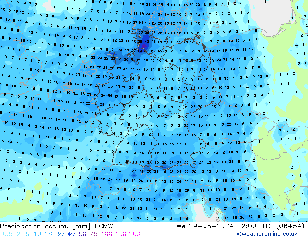 Precipitation accum. ECMWF Qua 29.05.2024 12 UTC